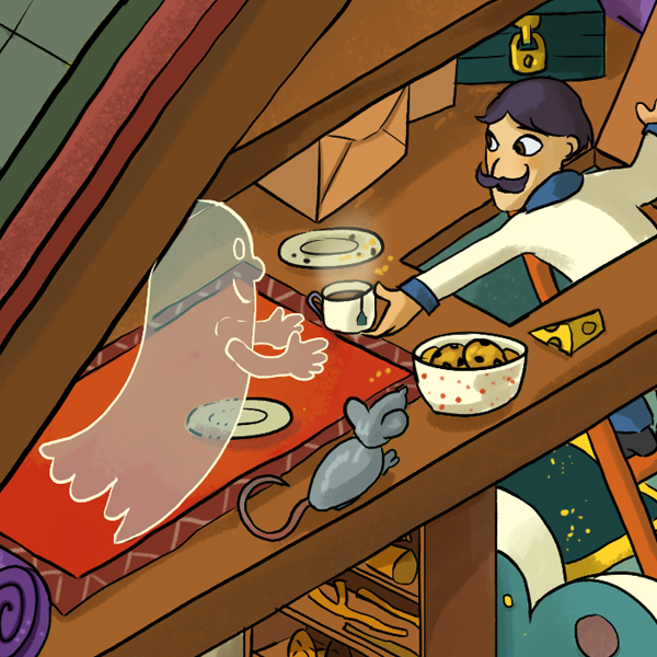 the attic ghost is grateful for their tea and biscuits 